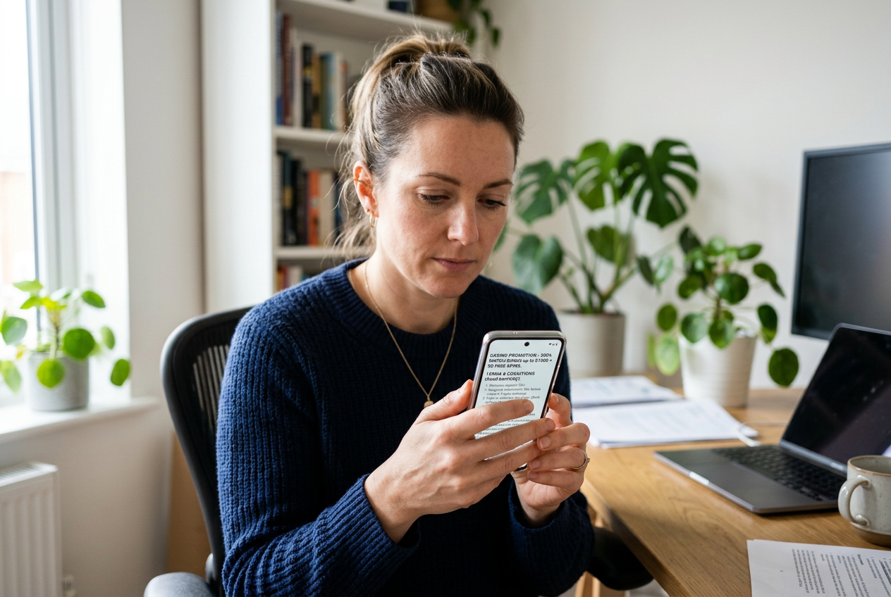 A close-up of a person reviewing wagering requirements on a smartphone.
