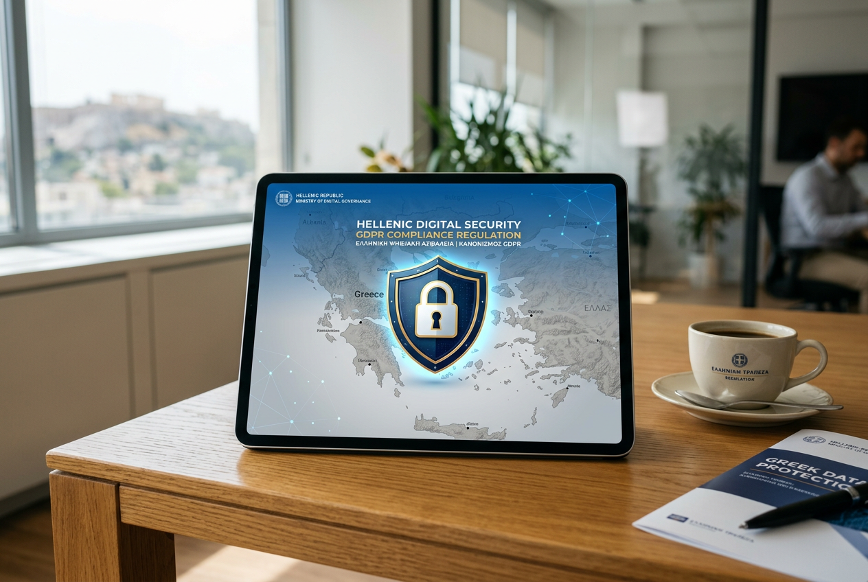 A digital representation of safety and legal compliance in the Greek gaming industry.