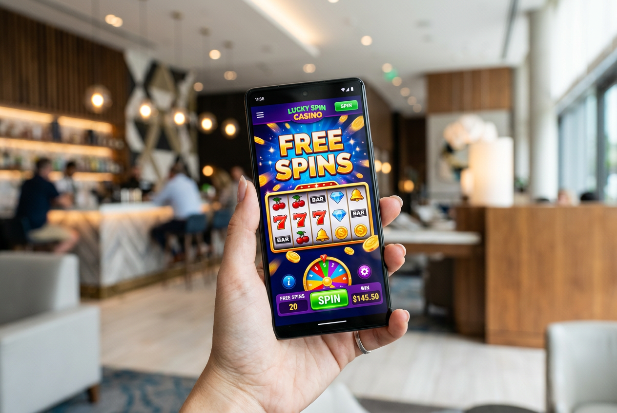 A modern smartphone displaying a casino interface with free spins notifications.