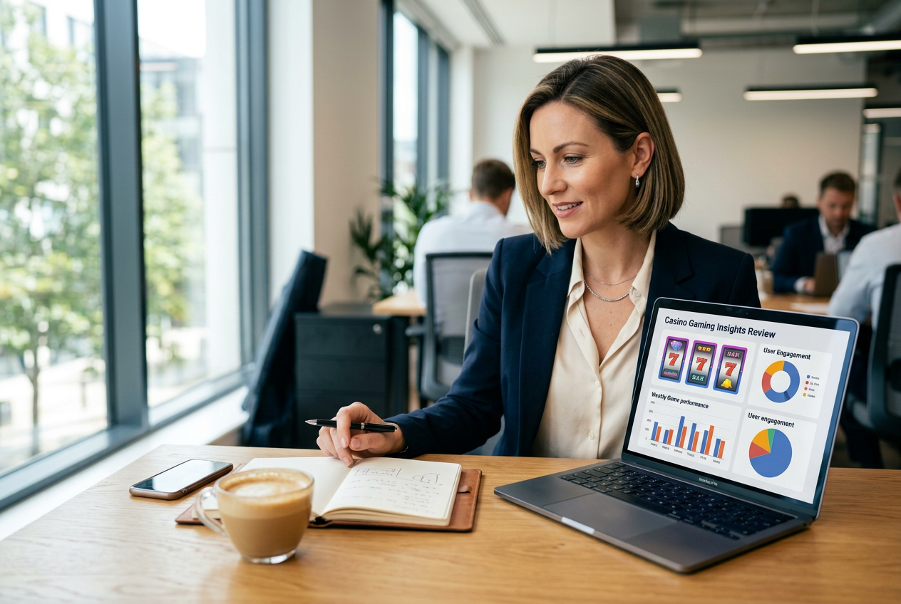 A professional reviewer analyzing online casino websites on a modern laptop.