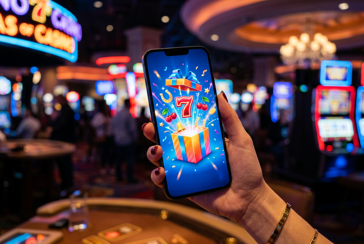 A smartphone displaying a gift icon and casino slot symbols representing a no-deposit bonus.